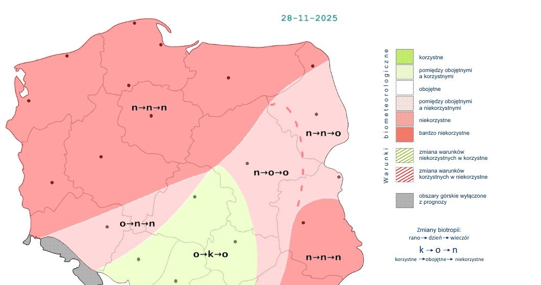 Pogoda w wielu miejscach będzie negatywnie wpływać na nasz organizm, choć na południu i w centrum sytuacja w ciągu dnia się poprawi /IMGW /