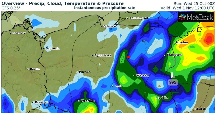Pogoda we Wszystkich Świętych będzie ciężka, szczególnie na wschodzie. Jadąc na cmentarze warto zabrać parasol /wxcharts /