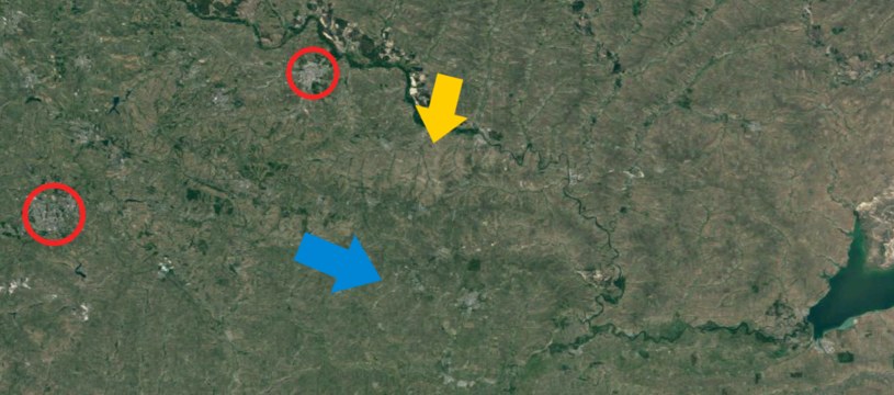 Pogranicze ukraińsko-rosyjskie: zaznaczono Ługańsk i Donieck (czerwony), czarnoziemy wykorzystywane rolniczo (niebieski) i czarnoziemy nieużywane ulegające erozji i degradacji (żółty) /Google Maps /Zrzut ekranu /domena publiczna