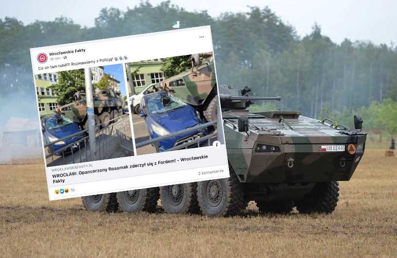 Pojazd wojskowy zderzył się z Fordem Fiestą / fot. mat. prasowe, zrzut ekranu z profilu FB Wrocławskie Fakty /