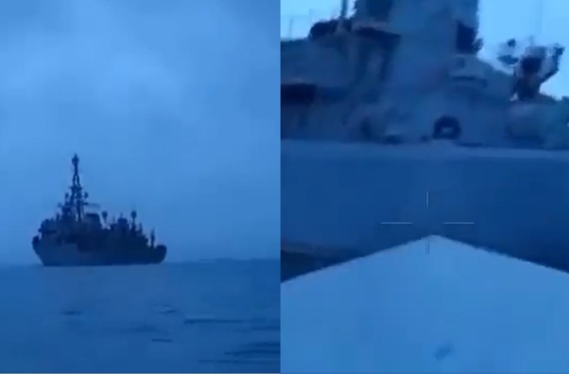 Pokazano nagranie z ataku ukraińskiego drona na rosyjski okręt Iwan Churs /@Gerashchenko_en /Twitter
