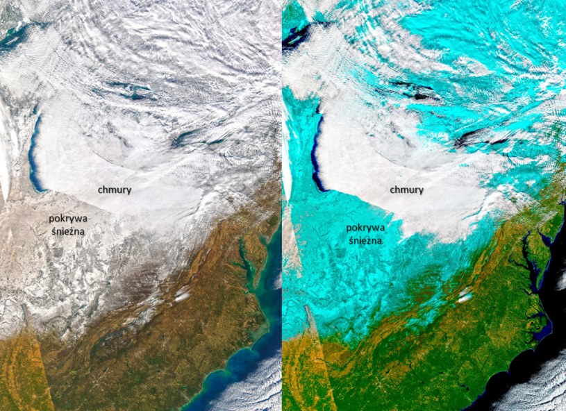 Pokrywa chmur i śniegu w Ameryce Północnej. Po lewej stronie widok naturalny, po prawej nałożony filtr /NASA Earth Observatory /NASA