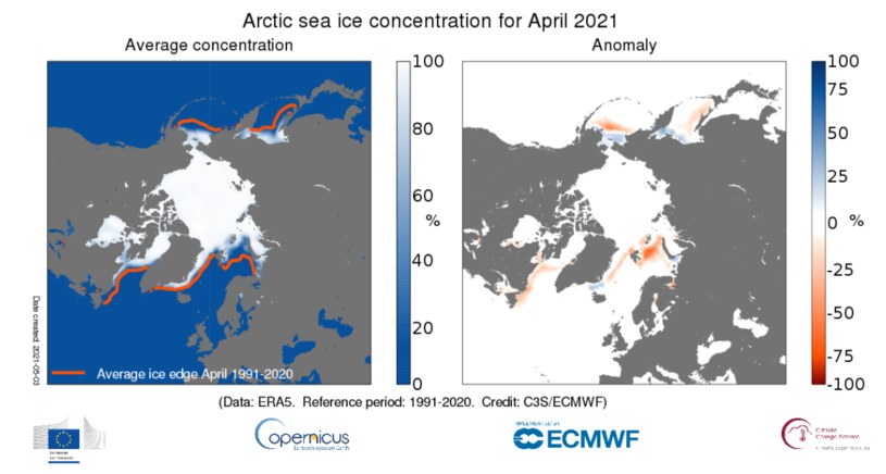 Pokrywa lodowa na Arktyce, kwiecień 2021 r. /Copernicus /materiały prasowe