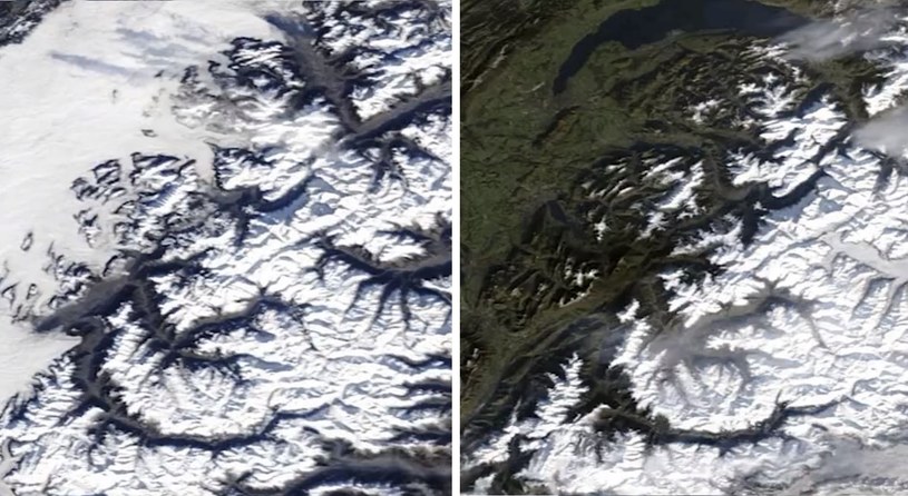 Pokrywa śnieżna w szwajcarskich Alpach 1 stycznia 2019 i 1 stycznia 2023 roku /NASA