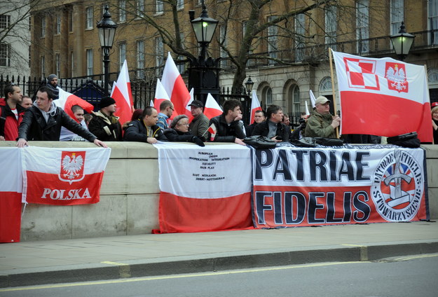 Polacy protestują przed siedzibą brytyjskiego premiera na Downing Street /Ela Walenda /PAP