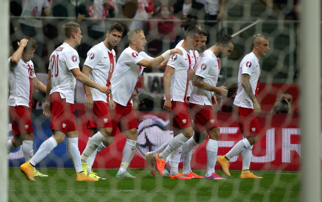 Polacy świętujący zdobycie gola przez Arkadiusza Milika /Bartłomiej Zborowski /PAP