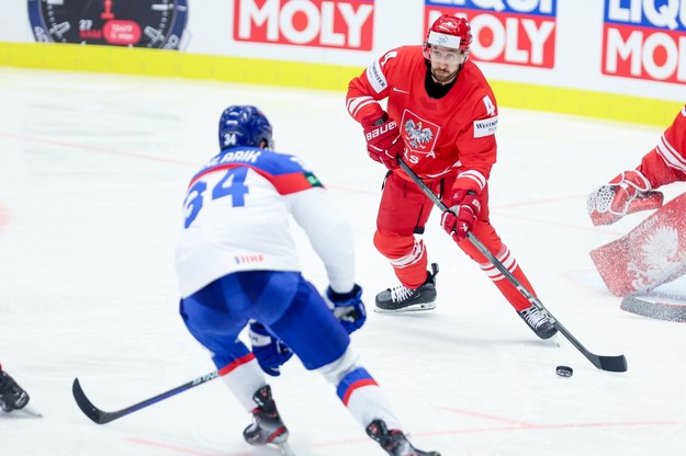 Polak Patryk Wajda (P) i Peter Cehlarik (L) ze Słowacji w meczu grupy B hokejowych mistrzostw świata elity /Jarek Praszkiewicz /PAP