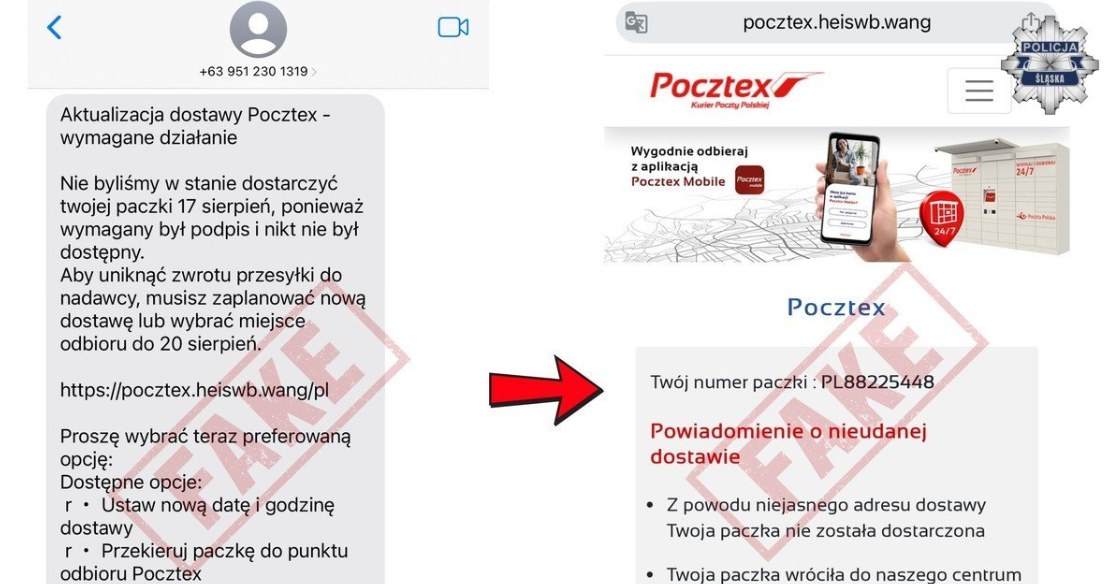 Policja pokazuje przykładową wiadomość od oszustów podszywających się pod firmę Pocztex /Policja /materiał zewnętrzny