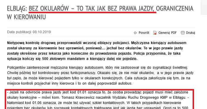 Policjanci od lat interpretuja jazdę bez okularów jako jazdę bez wymaganych uprawnień! /Policja