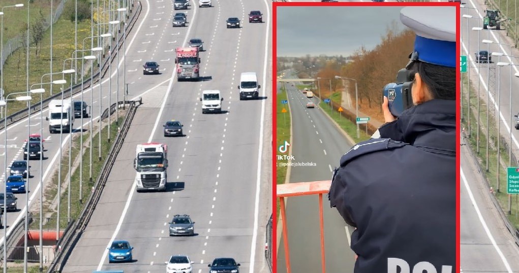 Policjant z radarem na wiadukcie mierzy odległość między samochodami. /WOJCIECH STROZYK/REPORTER/ East News/ Policja Lubelska/ Facebook/ zrzut ekranu /