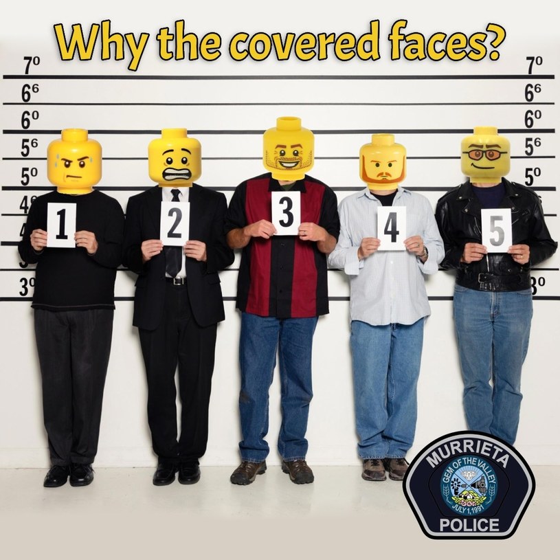 Policyjne zdjęcia osób podejrzanych zostały "urozmaicone" głowami ludzików Lego. /Departament Policji Murrieta /facebook.com