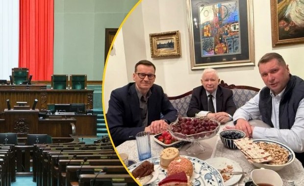 Polityczna uczta PiS. Kaczyński, Morawiecki, Czarnek, pistacje i truskawki