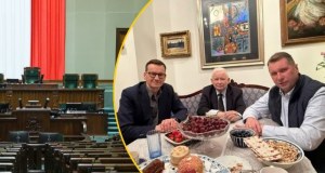 Polityczna uczta PiS. Kaczyński, Morawiecki, Czarnek, pistacje i truskawki