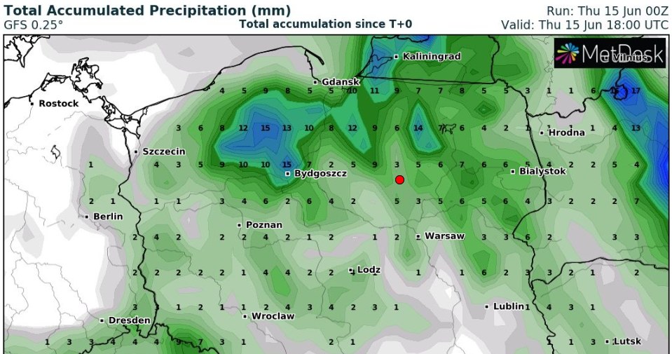 Północ kraju wreszcie doczeka się w czwartek opadów deszczu /wxcharts /