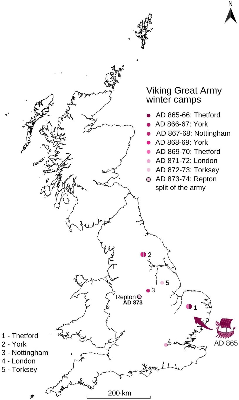 Położenie Reptona i ruchy Wielkiej Armii Wikingów według Kroniki anglosaskiej. /Löffelmann T. i in. 2023/CC BY 4.0 /materiał zewnętrzny