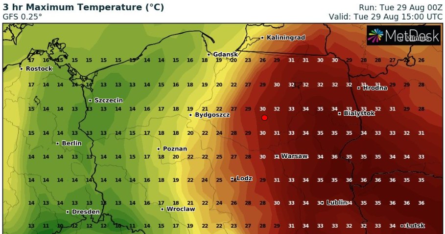 Polska podzieli się na chłodniejszy zachód i upalny wschód. Różnica temperatur wyniesie nawet 20 st. C /wxcharts