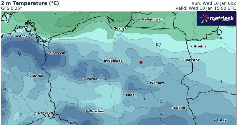 Polska podzieli się na mroźne południe i cieplejszą północ. Nie zabraknie też między innymi opadów śniegu /wxcharts /