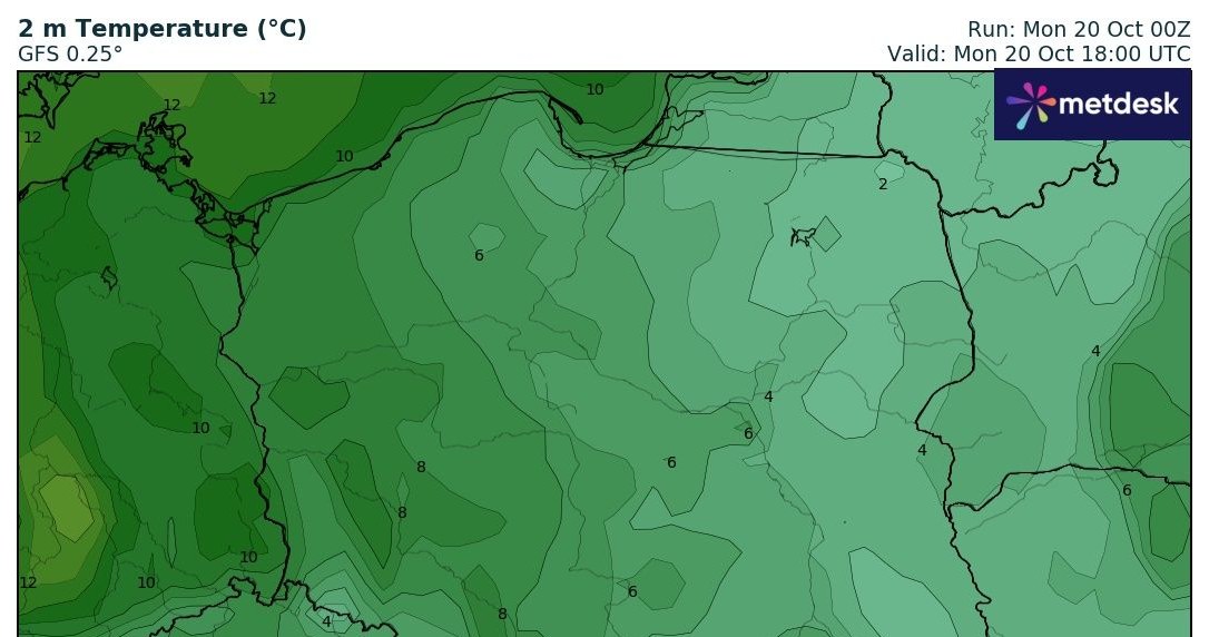 Pomimo przyjaznej aury w poniedziałek temperatury nie będą zbyt wysokie. Po porannych przymrozkach w ciągu dnia będzie do około 14 stopni /WXCharts /