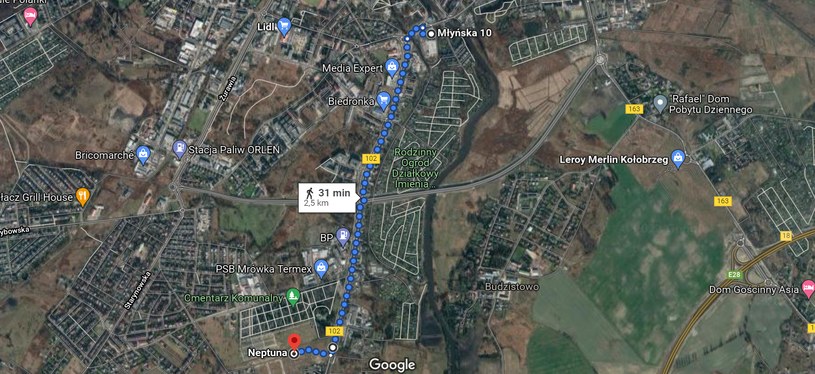 Ponad dwukilometrowy spacer w jedną stronę chcę zapewnić deweloper mieszkańcom nowego bloku w Kołobrzegu /Google Maps /Zrzut ekranu /domena publiczna