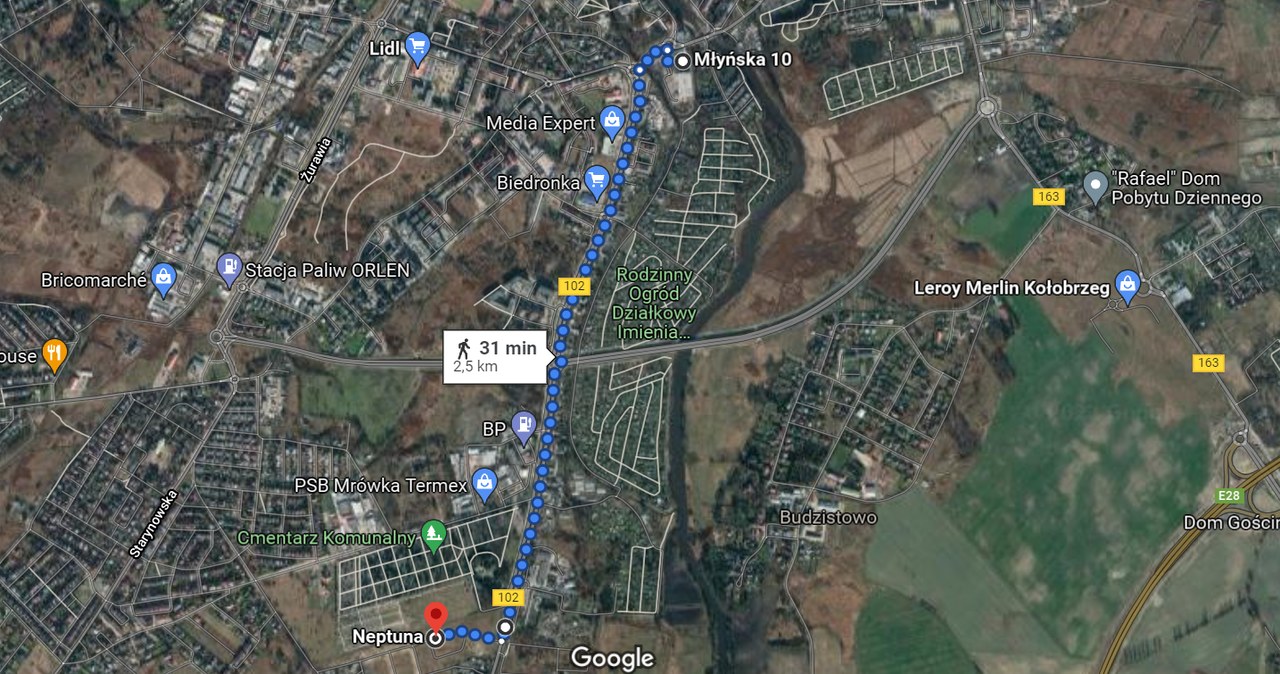 Ponad dwukilometrowy spacer w jedną stronę chcę zapewnić deweloper mieszkańcom nowego bloku w Kołobrzegu /Google Maps /Zrzut ekranu /domena publiczna