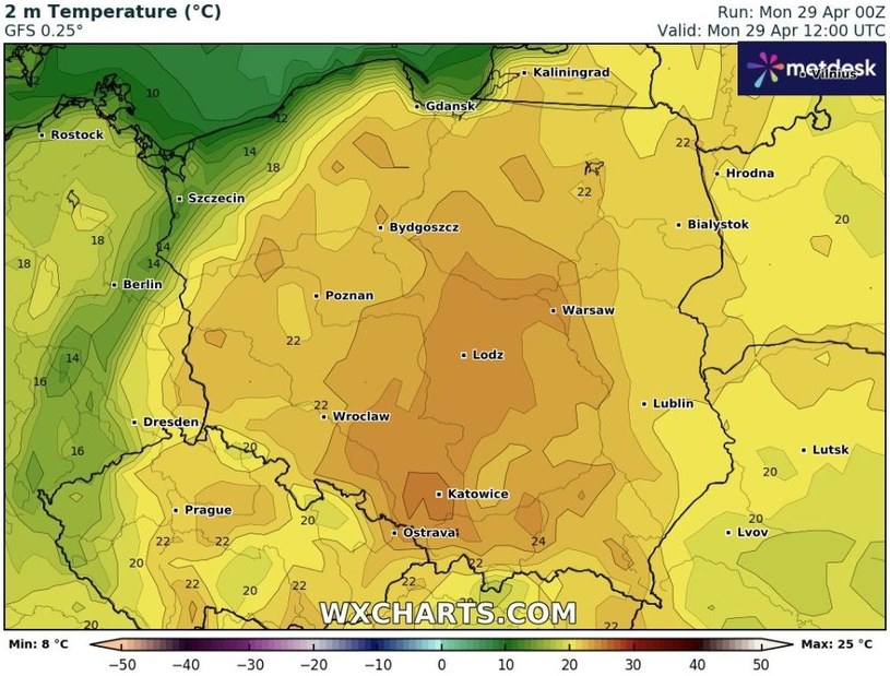 Poniedziałek będzie bardzo ciepły. Miejscami w Polsce może być nawet 26 stopni Celsjusza /wxcharts /