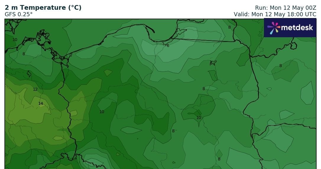Poniedziałek będzie chłodnym dniem. Na zachodzie nie będzie więcej niż 16 stopni /wxcharts /