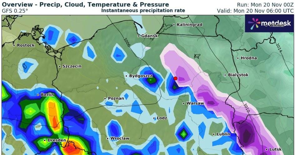 Poniedziałek będzie mokry, a miejscami również śnieżny. Na zachodzie deszcz będzie padał najintensywniej /wxcharts /