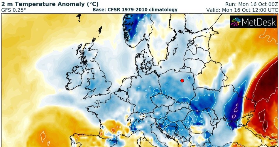 Poniedziałek w Polsce będzie chłodny, z powodu napływu zimnego powietrza z północy /wxcharts /