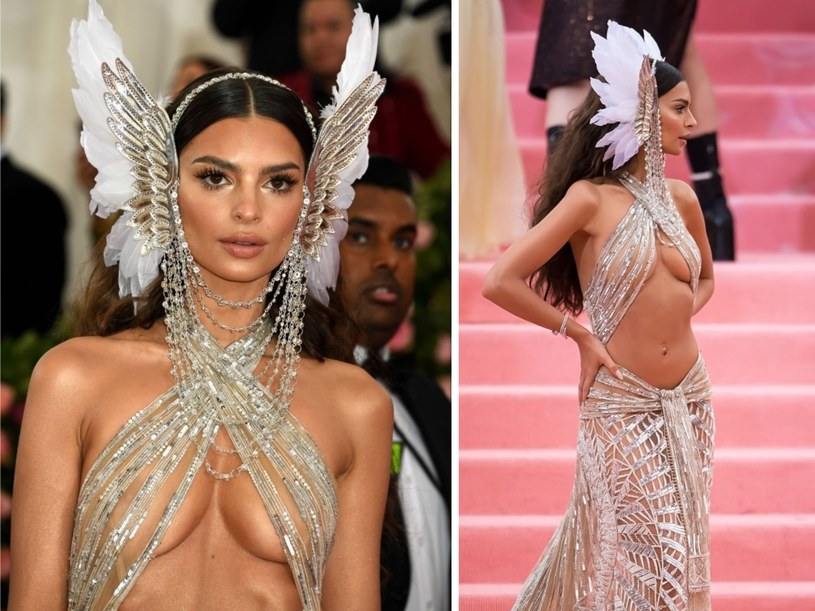 Popularna amerykańska modelka – Emily Ratajkowski również nie miała szczęścia na tegorocznej gali MET. Jej śmiała stylizacja odkrywała wiele newralgicznych miejscy, a osadzone na głowie pióropusze odbierały kobiecie wdzięku. /JENNIFER GRAYLOCK /Getty Images