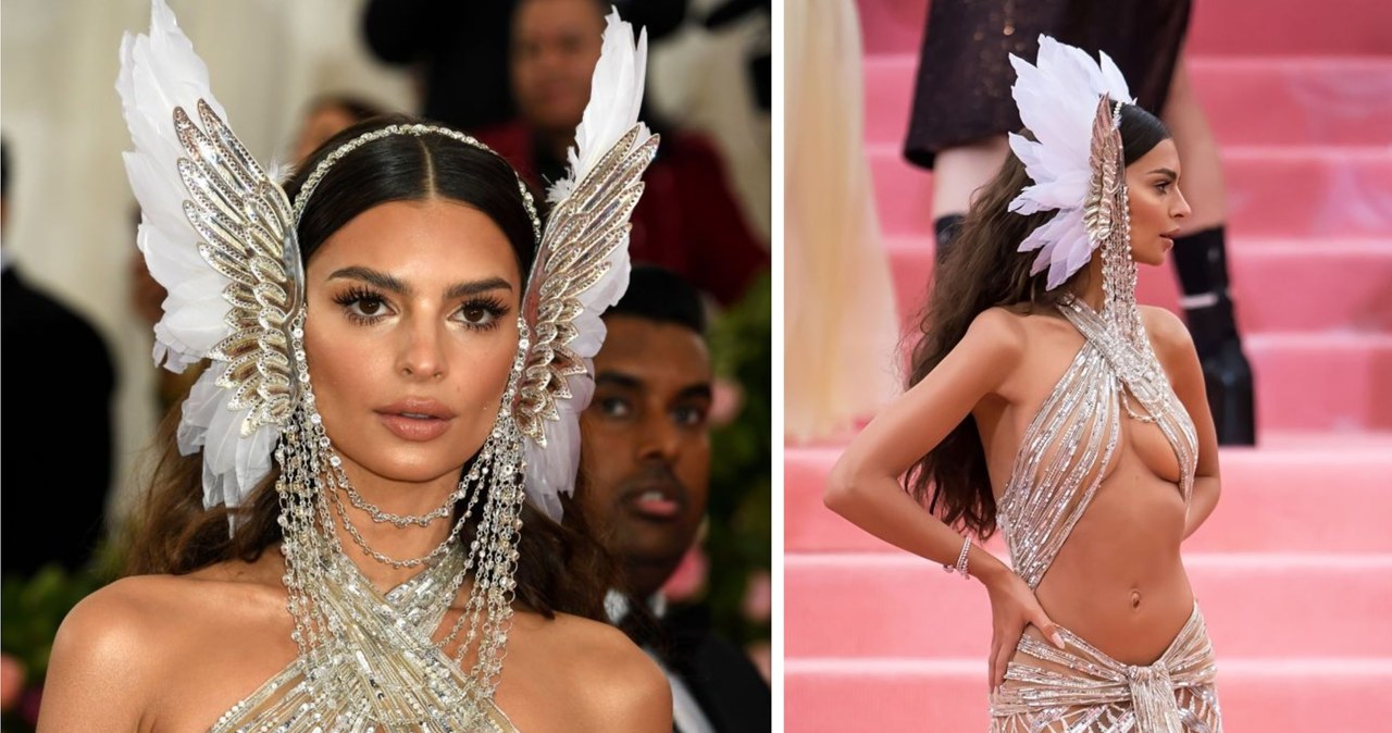 Popularna amerykańska modelka – Emily Ratajkowski również nie miała szczęścia na tegorocznej gali MET. Jej śmiała stylizacja odkrywała wiele newralgicznych miejscy, a osadzone na głowie pióropusze odbierały kobiecie wdzięku. /JENNIFER GRAYLOCK /Getty Images