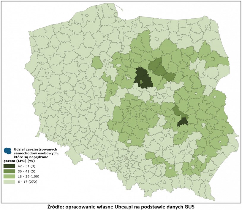 Popularność aut z LPG w poszczególnych regionach Polski