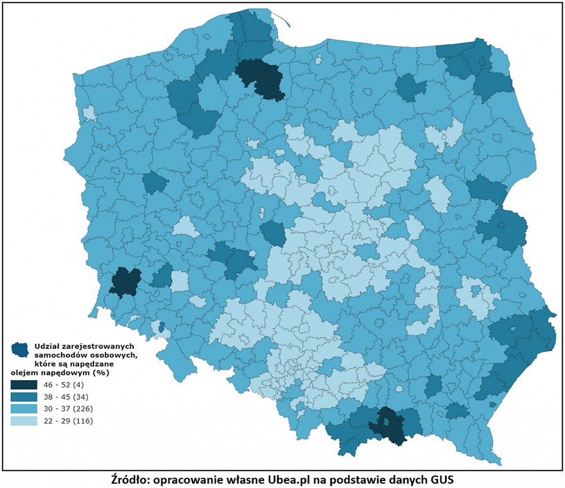 Popularność aut z silnikami Diesla w poszczególnych regionach Polski