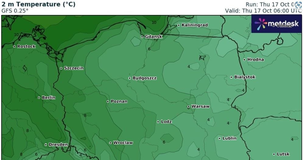 Poranek najchłodniejszy był na wschodzie. W Kozienicach o godz. 6:00 było zaledwie -2,3 st. C /wxcharts /