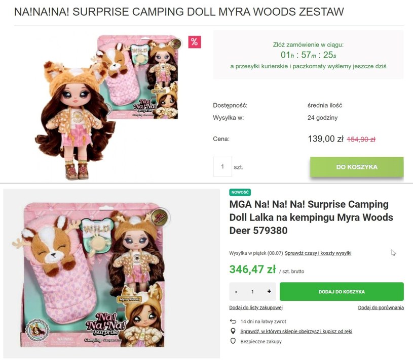 Porównanie ceny tej samej lalki w zwykłym sklepie internetowym i sklepie internetowym, w którym można płacić bonami turystycznymi /materiał zewnętrzny
