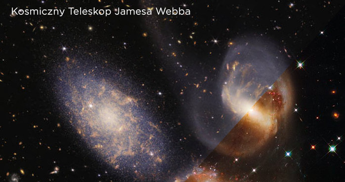 Porównanie fotografii Kwintetu Stephana z Teleskopu Webba oraz Hubble'a /ESA, CSA, and STScI / ESA and the Hubble SM4 ERO Team /NASA