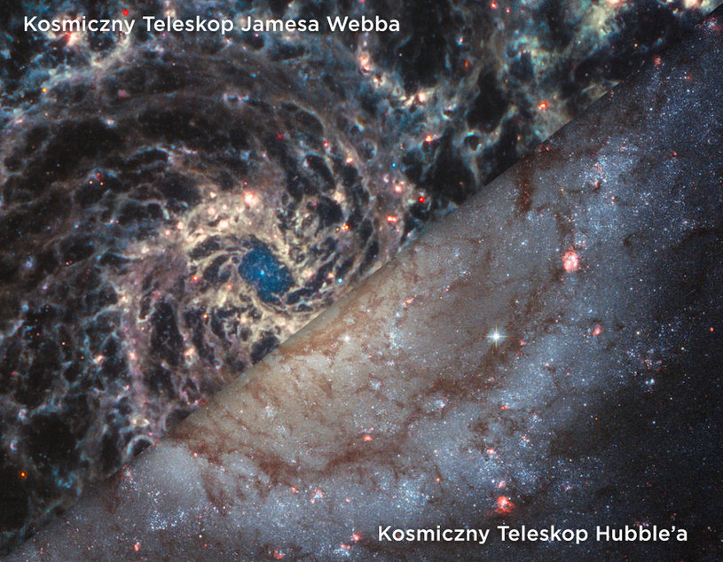 Porównanie obrazu galaktyki M74 z Kosmicznego Teleskopu Jamesa Webba i Kosmicznego Teleskopu Hubble'a /ASA, ESA and the Hubble Heritage (STScI/AURA)-ESA/Hubble Collaboration; Acknowledgment: R. Chandar (University of Toledo) and J. Miller (University of Michigan) / Judy Schmidt CC BY 2.0 (flickr.com) /NASA