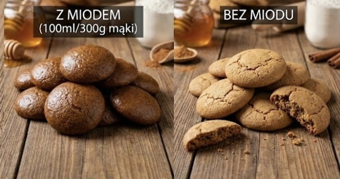 Porównanie pierników z miodem i bez miodu – po lewej miękkie, puszyste pierniki z dodatkiem miodu, po prawej twardsze pierniki bez miodu, pokazujące różnicę w strukturze i wilgotności. /Materiały własne /INTERIA.PL