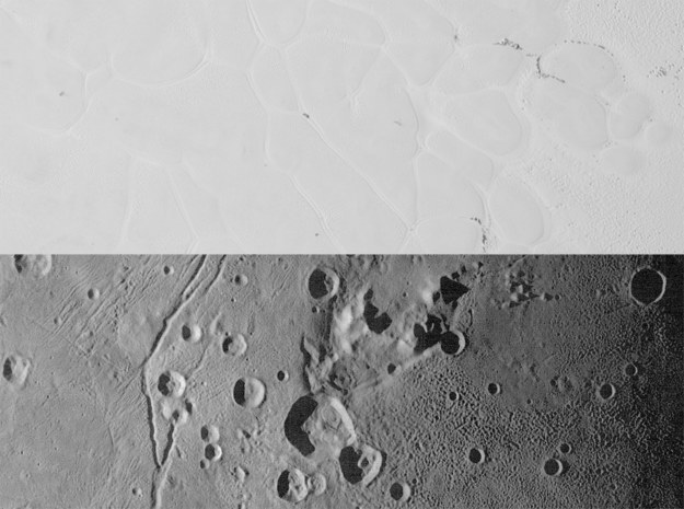 Porównanie powierzchni Sputnik Planum (u góry) i Vulcan Planum /NASA/JHUAPL/SWRI /materiały prasowe