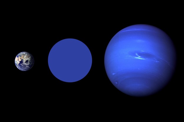 Porównanie rozmiarów Ziemi, planety Wolf 503b i Neptuna. Niebieski kolor odkrytej planety jest przykładowy, o składzie jej ewentualnej atmosfery jeszcze nic nie wiadomo. /NASA Goddard/Robert Simmon (Earth), NASA / JPL (Neptune) /Materiały prasowe