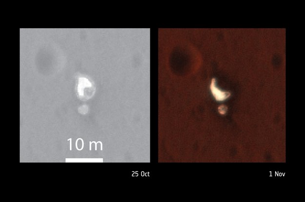 Porównanie ułożenia spadochronu 1 listopada (po lewej) i 25 października /NASA/JPL-Caltech/University of Arizona /materiały prasowe