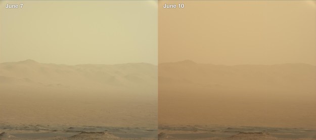 Porównanie zapylenia na Marsie 7 i 10 czerwca. Zdjęcia wykonane przez łazik Curiosity /NASA/JPL-Caltech/MSSS /Materiały prasowe