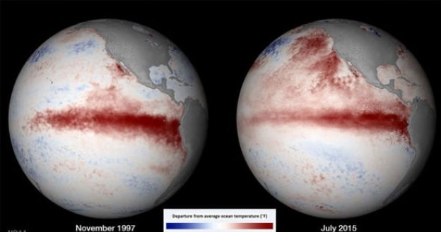 Porównanie zasięgu zjawiska El Nino w 1997 i 2015 roku /materiały prasowe