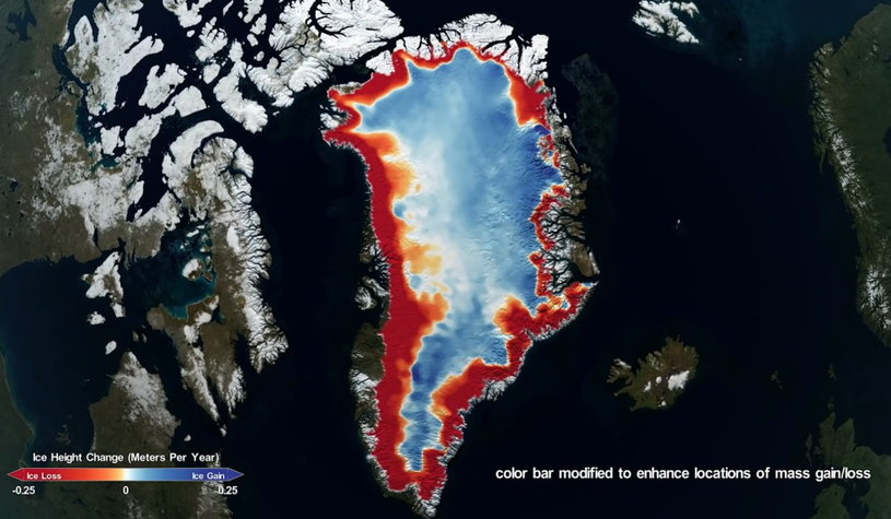 Porównanie zmian pokrywy lodowej Grenlandii z danych z satelitów ICESAT i ICESAT-2 / Credits - NASA /NASA