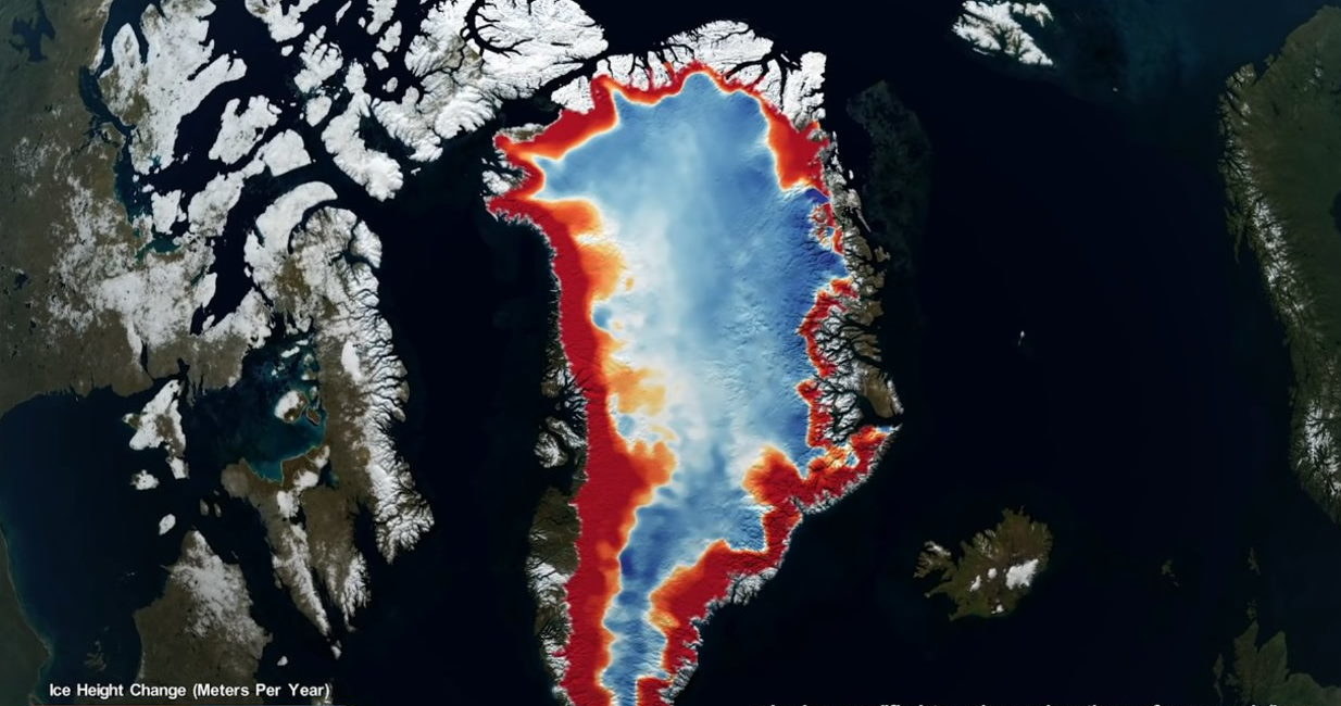 Porównanie zmian pokrywy lodowej Grenlandii z danych z satelitów ICESAT i ICESAT-2 / Credits - NASA /NASA