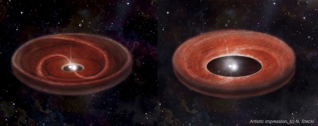 Porównanie zwykłego dysku (po lewej) i dysku z dużą pustą przestrzenią, wskazującą na istnienie planety /CREDIT: © N. STECKI /Materiały prasowe