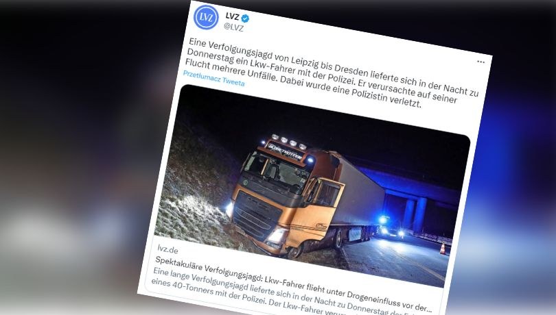 Pościg za uciekającym tirem ciągnął się przez 100 km (fot. Twitter/@LVZ) /Twitter