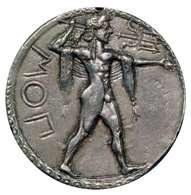 Posejdon wymachujący trójzębem, grecka moneta z Paestum nad Zatoką Salerno /Encyklopedia Internautica
