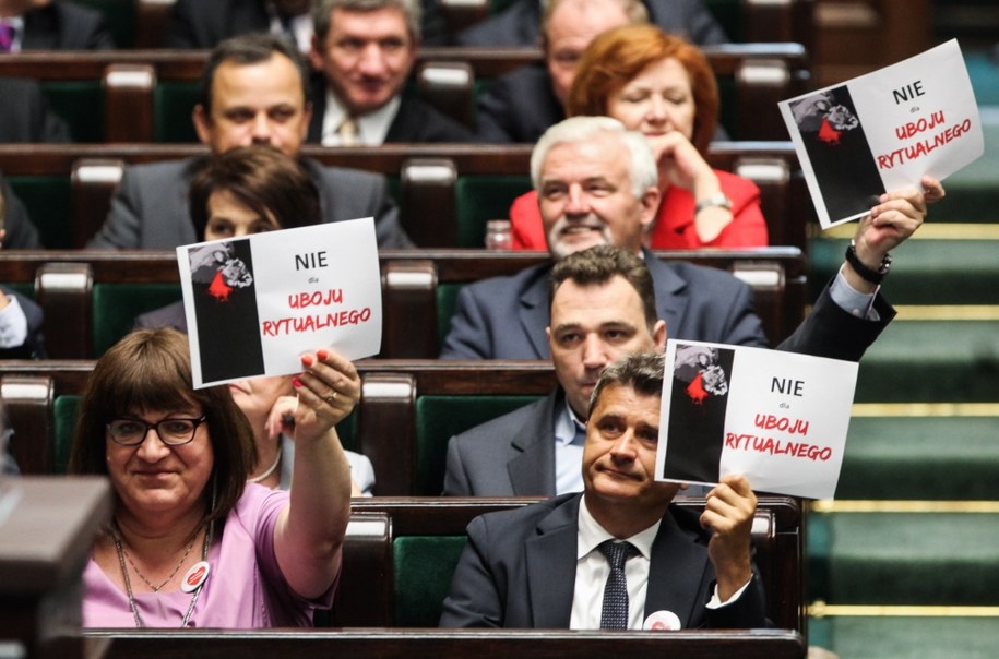 Posłanka Ruchu Palikota Anna Grodzka oraz Janusz Palikot protestują przeciwko ubojowi rytualnemu /Jakub Kamiński   /PAP