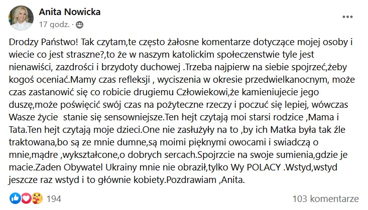 Post Anity z piątej edycji "Sanatorium miłości" (screen z Facebooka) /materiały prasowe