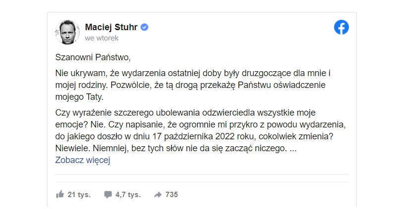 Post na Facebooku Macieja Stuhra /materiały prasowe